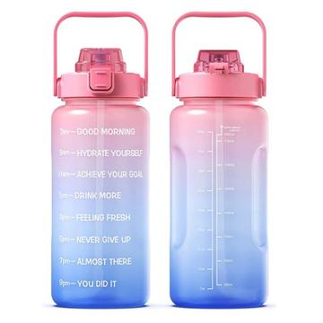 2.2L Waterfles BPA-vrije sportdrinkfles met rietje en tijdsaanduiding Sportieve motiverende waterkan - Roze/Blauw