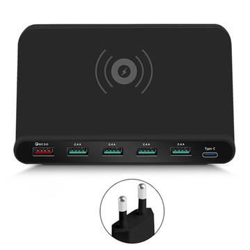 828W Multi-Port USB-oplader PD 18W draadloze oplader voor smartphones QC3.0 4-in-1 snellaadstation - EU-stekker