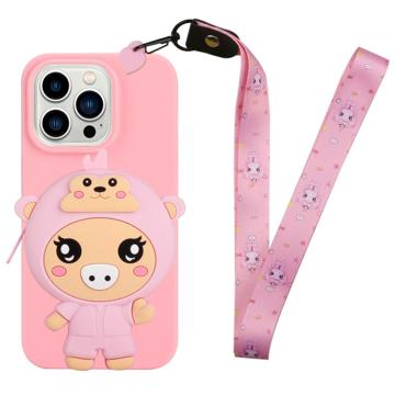 Cartoon Design iPhone 14 Pro TPU Hoesje met Ritssluiting - Varken