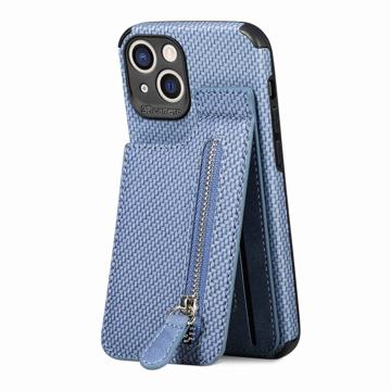 iPhone 14 Plus Hoesje met Ritsvak & Standaard - Carbon Fiber - Blauw