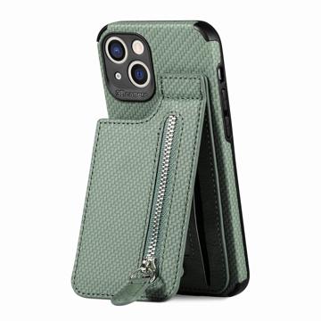 iPhone 14 Plus Hoesje met Ritsvak & Standaard - Carbon Fiber - Groen