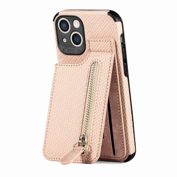 iPhone 14 Plus Hoesje met Ritsvak & Standaard - Carbon Fiber - Beige