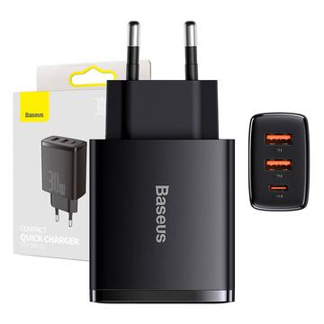 Baseus Compact Oplader met 2 USB A en 1 USB C aansluiting 30W zwart - PD3.0 Power Delivery - QC3.0 Qualcomm Quick Charge