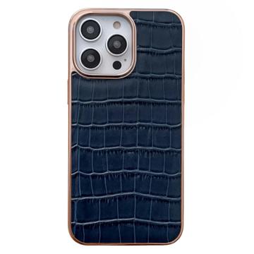 Crocodile Series iPhone 14 Pro Max Leren Gecoate Case - Blauw