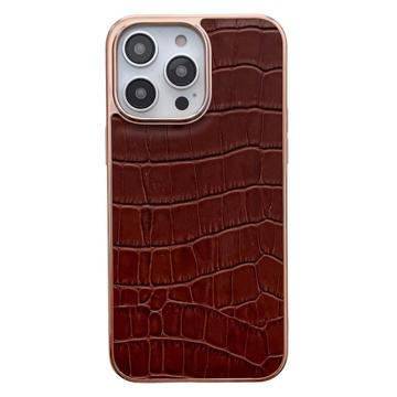 Crocodile Series iPhone 14 Pro Max Leren Gecoate Case - Bruin