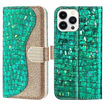 Croco Bling Series iPhone 14 Pro Max Wallet Case - Groen