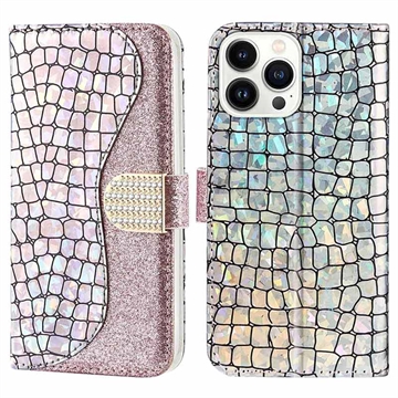 Croco Bling Series iPhone 14 Pro Portemonnee Hoesje - Rose Gold