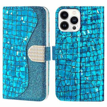 Croco Bling Series iPhone 14 Pro Max Wallet Case - Blauw