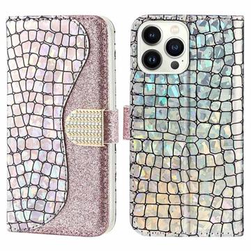 Croco Bling Series iPhone 14 Pro Max Wallet Case - RosÃ© goud