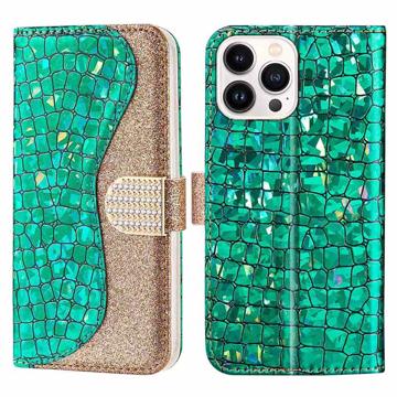 Croco Bling Series iPhone 14 Pro Portemonnee Hoesje - Groen