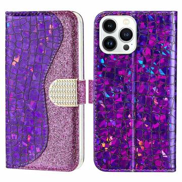 Croco Bling Series iPhone 14 Pro Portemonnee Hoesje - Paars