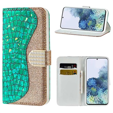 Croco Bling Samsung Galaxy S21+ 5G Portemonnee Hoesje - Groen