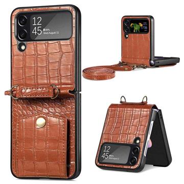 Crocodile Series Samsung Galaxy Z Flip4 Hoesje met Band - Bruin