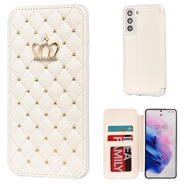 Crown Grid Pattern Samsung Galaxy S21+ 5G Flip Case - Wit