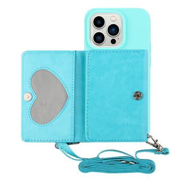 Heart-Serie iPhone 14 Pro Max Hoesje met Portemonnee en Riem - Babyblauw