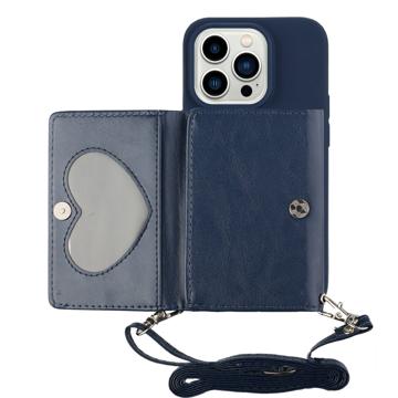 Heart-Serie iPhone 14 Pro Max Hoesje met Portemonnee en Riem - Donkerblauw