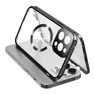 Dubbelzijdige beschermhoes van gehard glas + magnetisch metalen frame tegen vallen voor iPhone 15 Compatibel met MagSafe telefoonhoes met gespvergrendeling - Zwart