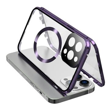 Dubbelzijdig beschermhoesje van gehard glas + magnetisch metalen frame tegen vallen voor iPhone 15 Compatibel met MagSafe telefoonhoesje met gespvergrendeling - Paars