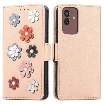 Flower Decor Series Samsung Galaxy M13 5G Portemonnee Hoesje - Beige