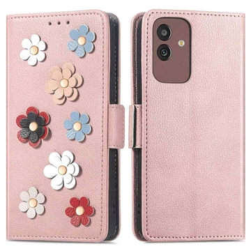 Flower Decor Series Samsung Galaxy M13 5G Portemonnee Hoesje - Rose Gold