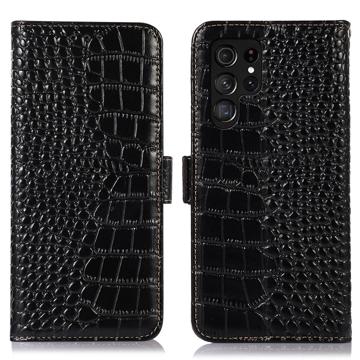 Crocodile Series Samsung Galaxy S23 Ultra 5G Wallet Leren Hoesje met RFID Zwart