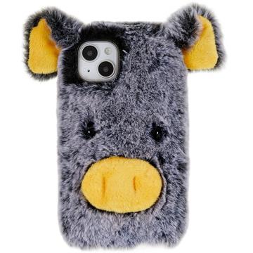 Fluffy Plush iPhone 14 Plus Hybrid Case - Grijs Varken