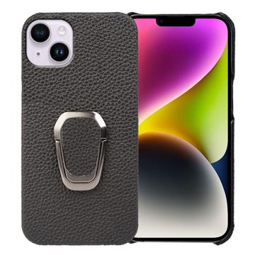 iPhone 14 Plus Leren Gecoate Case met Ringhouder - Zwart