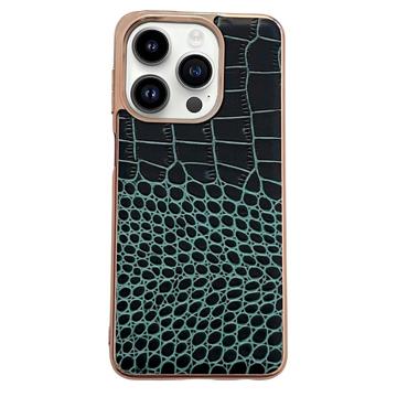 Crocodile Series iPhone 14 Pro Leren Gecoate Case - Middernacht Groen