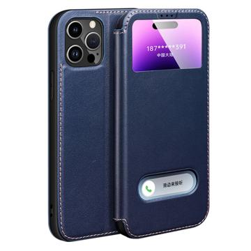 Dual View iPhone 14 Pro Flip Leren Hoesje - Blauw