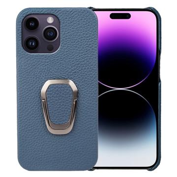 iPhone 14 Pro Max Leren Gecoate Case met Ringhouder - Blauw