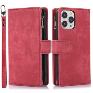 iPhone 14 Pro Max Portemonnee Hoesje met Pols- en Schouderriem - Rood