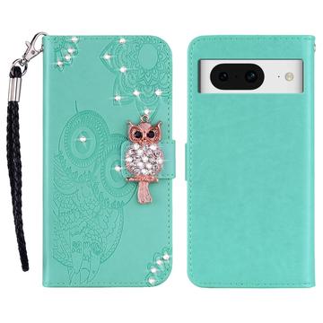 Google Pixel 8 Uil Strass Portemonnee Hoesje - Cyaan