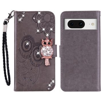 Google Pixel 8 Uil Strass Portemonnee Hoesje - Grijs