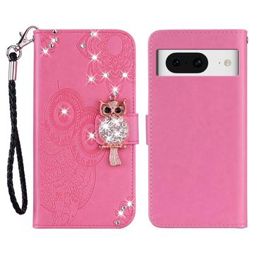 Google Pixel 8 Uil Strass Portemonnee Hoesje - Hot Pink