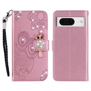 Google Pixel 8 Uil Strass Portemonnee Hoesje - Roségoud