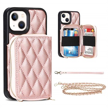 Rasterpatroon iPhone 13 Mini TPU Hoesje met Portemonnee - Rose Gold