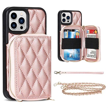 Rasterpatroon iPhone 13 Pro Max TPU Hoesje met Portemonnee - Rose Gold