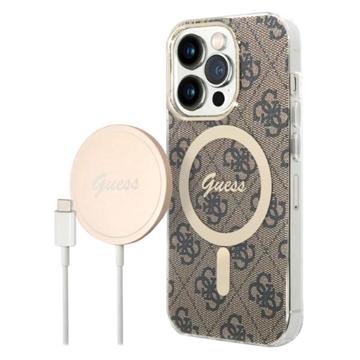 Guess 4G Edition Bundle Pack iPhone 14 Pro Hoesje & Draadloze Oplader - Bruin