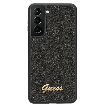 Guess Glitter Flakes Metal Logo Samsung Galaxy S23 5G Hybride Hoesje - Zwart