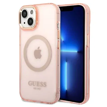 Guess iPhone 14 Hardcase Backcover - Gold Buttons & Camera - Magsafe Compatible - Doorzichtig - Roze