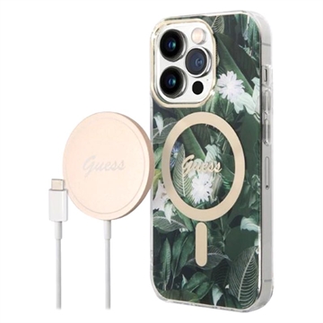 Guess Jungle Edition Bundle Pack iPhone 14 Pro Max Hoesje & Draadloze Oplader - Groen