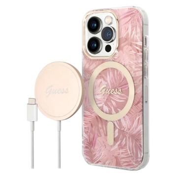 Guess Jungle Edition Bundle Pack iPhone 14 Pro Max Hoesje & Draadloze Oplader - Roze