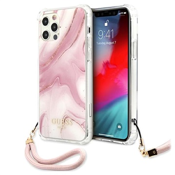 Guess Marble Collection iPhone 12/12 Pro Cover met Draagriem - Roze