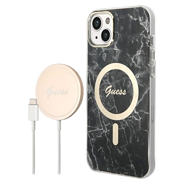 Guess Marble Edition Bundle Pack iPhone 14 Pro Hoesje & Draadloze Oplader - Zwart