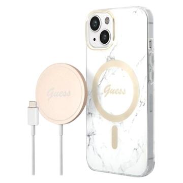 Guess Marble Edition Bundle Pack iPhone 14 Hoesje & Draadloze Oplader - Wit