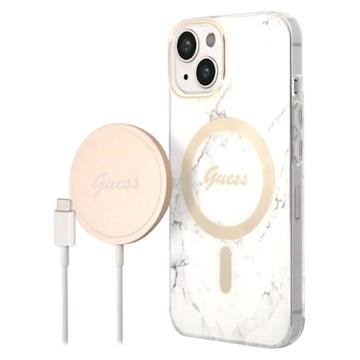 Guess Marble Edition Bundle Pack iPhone 14 Plus Hoesje & Draadloze Oplader - Wit