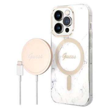 Guess Marble Edition Bundle Pack iPhone 14 Pro Hoesje & Draadloze Oplader - Wit