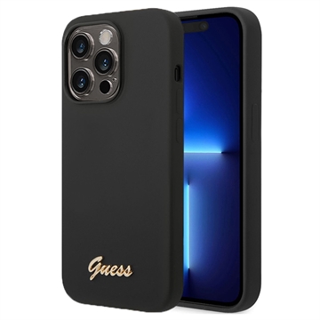 Guess Metal Logo iPhone 14 Pro Max Siliconen Hoesje - Zwart