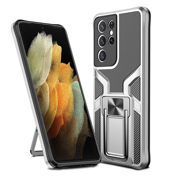 Samsung Galaxy S21 Ultra 5G Hybrid Case met Metalen Standaard - Zilver