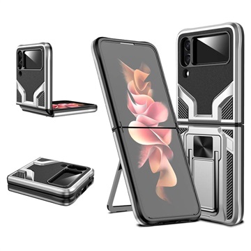 Samsung Galaxy Z Flip4 Hybrid Case met Metalen Standaard - Zilver